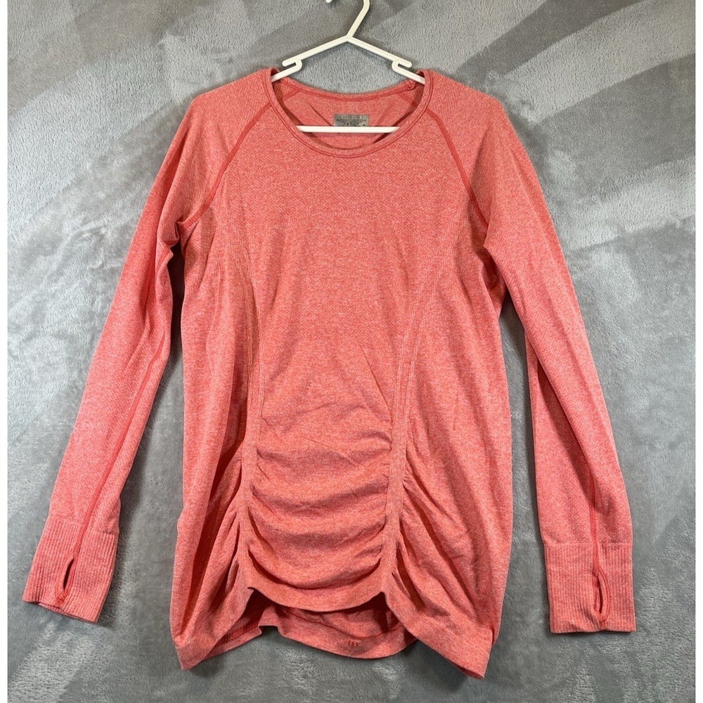 Athleta Fast Track Ruched Thumbholes Long Sleeve Shirt Womens Medium Orange